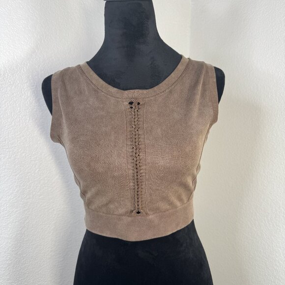 Brown Ribbed Cropped Tank Top With Lace-Up Detail Kids XL‎ - Picture 1 of 7